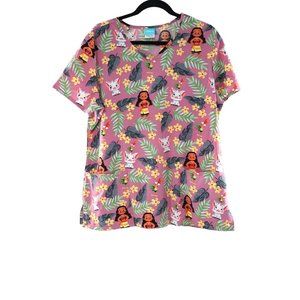 Disney Moana Pua Hei Scrub Top Women Pink V Neck Short Sleeve Pockets Shirt Sz L